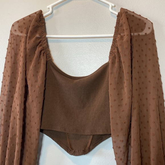 Urban Outfitters Puff Sleeve Blouse Women’s XS Chocolate Brown Cropped Boho Top - Picture 14 of 17